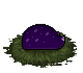 Pixel art of a dark purple slugcat with curled up on its side so only its back is visible. There are lighter purple spots on its back and its ears are also a lighter shade of purple.